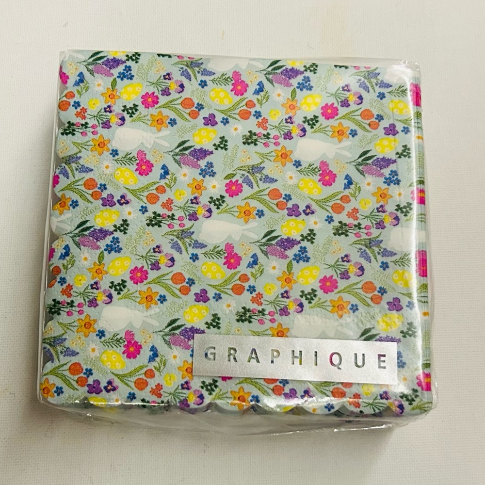 New 40 Graphique Paper Easter Cocktail Napkins 4 3/4" Flowers Bunnies Eggs